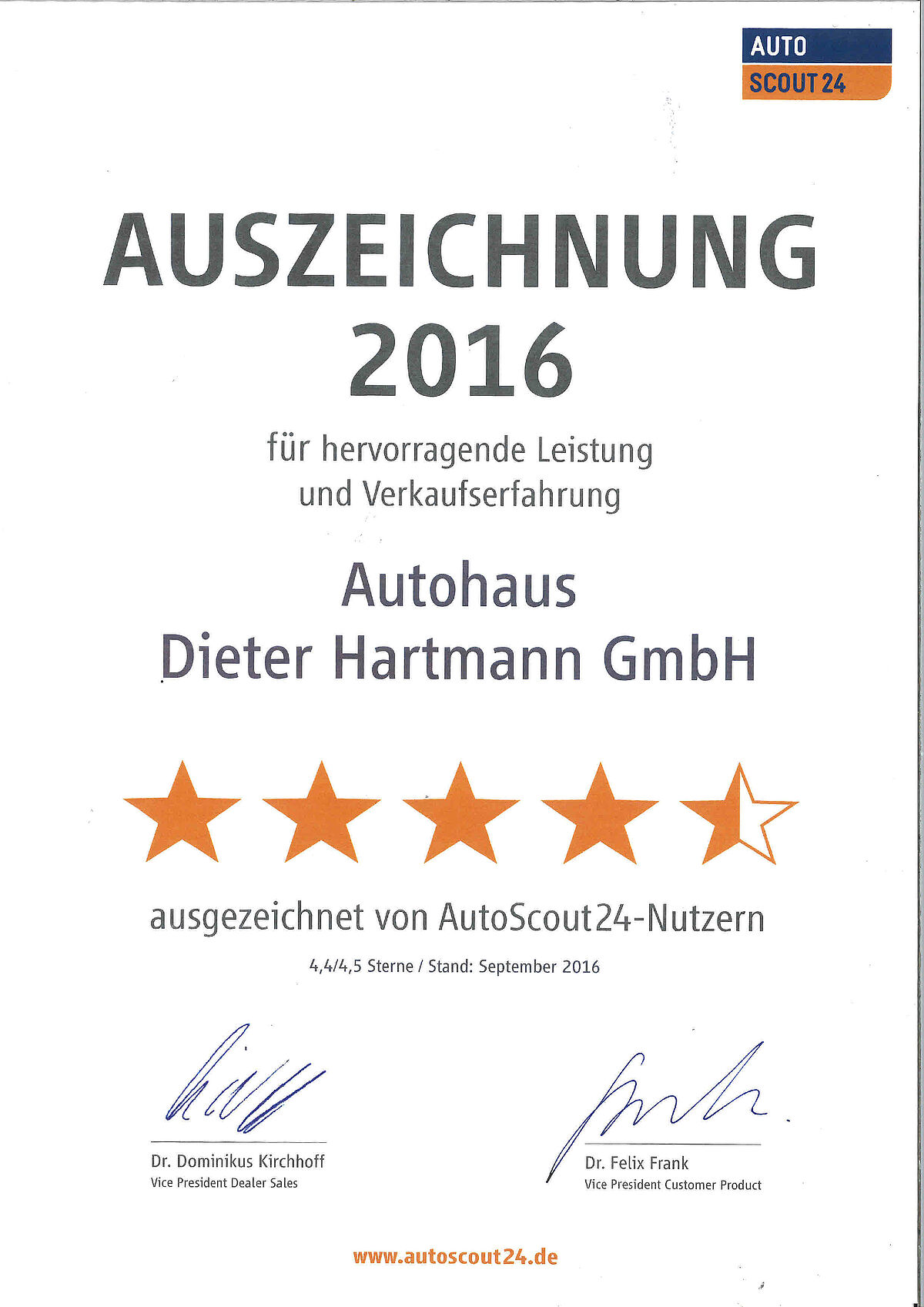 Auszeichnung für hervoragende Leistung und Verkaufserfahrung error_file_does_not_exist